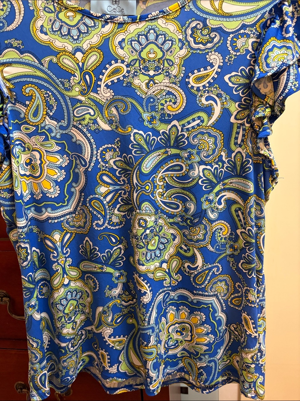 CeCe Blue Paisley Ruffle-Sleeve Blouse